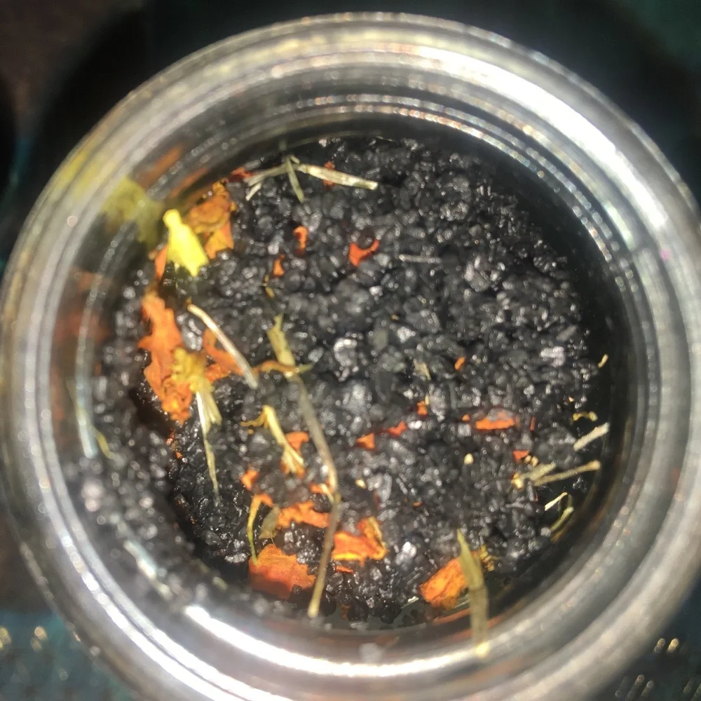 Samhain black volcanic lava bath salts handmade- marigold petals frankincense